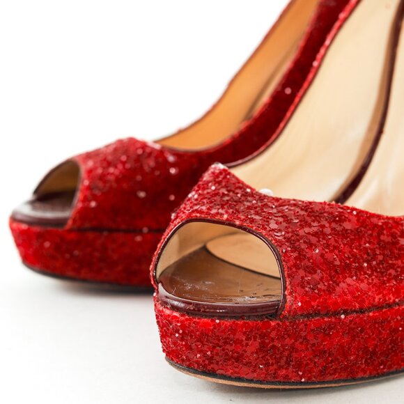 Jimmy Choo Crown Red Coarse Glitter Platform Pumps - Picture 7 of 9